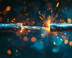 Poster - Powerful Electric Sparks Bursting from Broken Wire against Dark Background