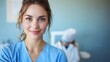 © Pinklife - A smiling dental nurse in blue scrubs stands confidently in a dental clinic. The professional medical setting emphasizes her cheerful and approachable demeanor.