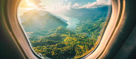 summer tropical Mountain Scenery Seen from Above through Airplane Window