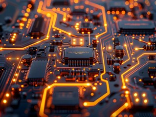 Poster - detailed view of a glowing electric circuit board highlighting connections and components