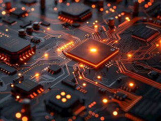 Poster - detailed circuit board with glowing electric currents highlighting connections and components
