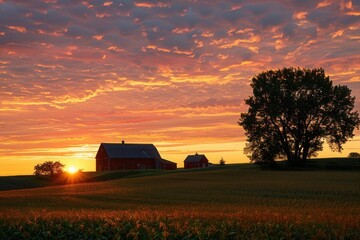 Poster - A tranquil scene of rolling farm fields with farmhouse silhouettes against a vibrant sunset sky, perfect for agritourism and farm product promotions. Generative AI