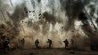© Suphot - Intense battlefield scene with soldiers advancing through smoke and explosions, capturing the chaos and urgency of war.