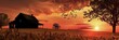 © Anat art - A rustic farmhouse silhouetted against a vibrant sunset sky, creating a serene scene perfect for agritourism. Generative AI