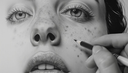 Wall Mural - Intimate close-up of a woman's face with freckles being detailed, emphasizing artistic precision and the beauty of natural features in monochrome