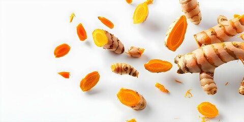 Poster - High-Quality Image of Fresh Turmeric Root Slices Falling on a White Background. Concept Herbal Medicine, Fresh Turmeric, White Background, High-Quality Image