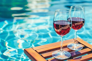 Wall Mural - Two Glasses of Red Wine on a Table near a Brown Sun Lounger in a Pool with Blue Water, View from the Hotel