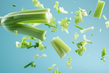 Wall Mural - Celery flying in the air, cut into pieces, isolated on blue background,
