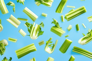 Wall Mural - Celery pieces flying in the air on blue background.