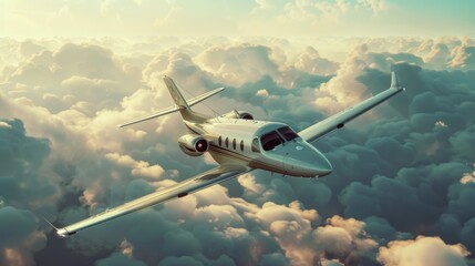 Wall Mural - A private jet flying in the sky with clouds.