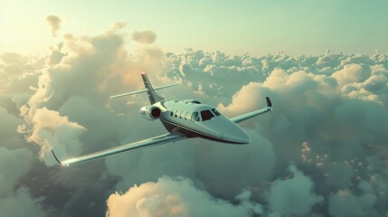 Wall Mural - A private jet flying in the sky with clouds.