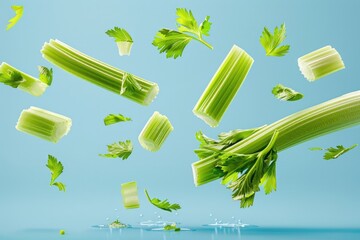 Wall Mural - Floating celery sticks and leaves in the air, cut into pieces on blue background.