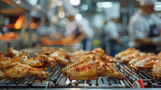 Chicken wings on a rack in a food factory.