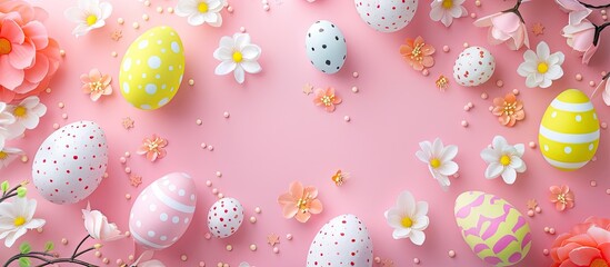Aufkleber - Easter-themed artwork with festive Easter eggs, greeting card, and pink background for a cheerful Happy Easter concept in a flat lay top view with copy space image.