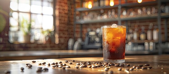 Poster - An iced coffee hand with an Americano by a red brick wall, coffee beans on a wooden bar table, embodies a summer cold brew refreshment concept with a photo-ready space. image with copy space
