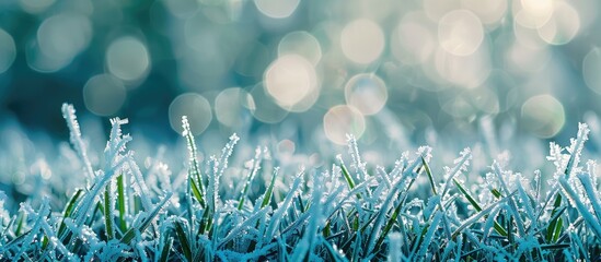 Wall Mural - Close-up of icy crystals forming on lush green grass with a natural bokeh background, ideal for wide format banners with copy space image.