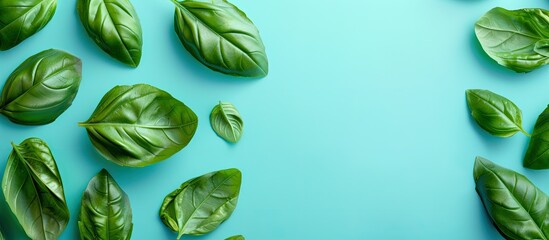 Poster - Basil leaves on a bright backdrop with copy space image.
