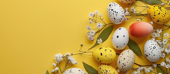 Aufkleber - Flat lay Easter background featuring assorted eggs on a yellow backdrop adorned with botanical details; top-down perspective showcasing a copy space image.