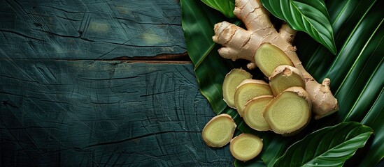 Aufkleber - Asian herb concept with fresh ginger root and slices placed on a green leaf backdrop on a wooden table, allowing for copy space image.