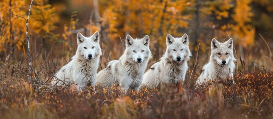 Poster - Arctic Wolves in the fall with a copy space image.
