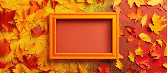 Poster - Creative autumn-themed art design featuring an orange frame with copy space, set against a background of chopped yellow and red paper on the left and right sides.
