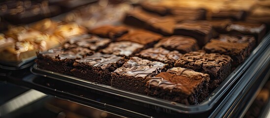 Poster - Brownies are neatly arranged on a black tray in a shelf with a copy space image for sale.