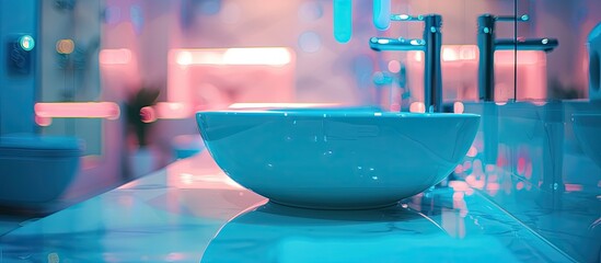 Aufkleber - Blurry bathroom serves as background for table top, creating copy space image.