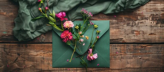 Aufkleber - Craft envelope adorned with vibrant flowers on wood, with a green napkin protruding, creating a visually appealing flat lay studio image. image with copy space