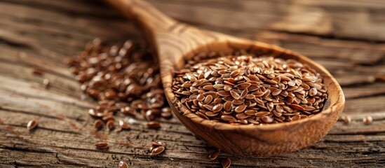 Poster - Flaxseeds in a wooden spoon, a healthy food option with a background for text or images. image with copy space