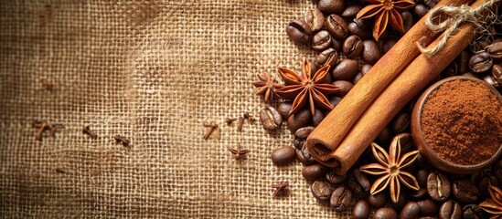 Poster - Brown burlap background with roasted coffee beans, anise stars, and cinnamon sticks. Hot orange-brown hues with room for text in the image. image with copy space