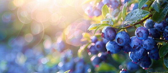 Poster - Blueberries at peak ripeness on the bush with copy space image.