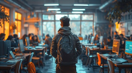 Poster - young man walking away from a crowded computer lab