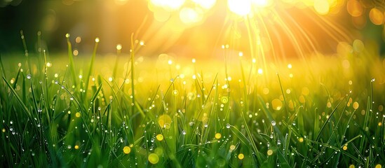 Poster - Early morning sunlight illuminating a field of grass with dew droplets, excellent for copy space images.