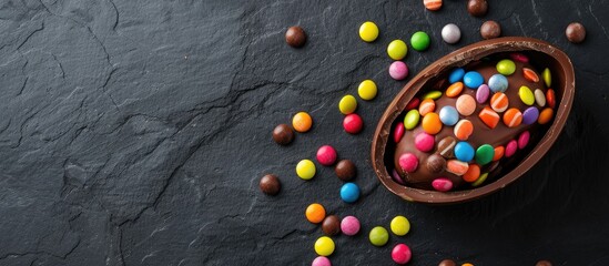 Poster - Celebrate Easter with a cracked chocolate egg filled with colorful candies, a treat for all ages. Top view of dessert with copy space image available.
