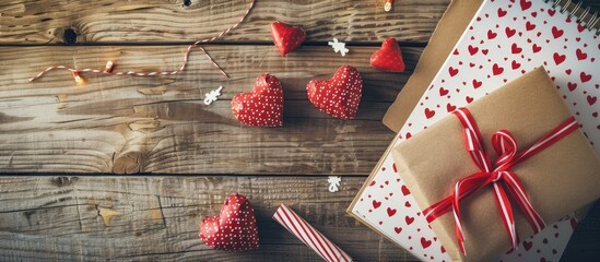 Wall Mural - Flat lay with a notepad and heart-patterned wrapping paper on a wooden desk, featuring a copy space image ideal for Valentine's Day, love letters, and celebrations.