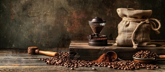 Poster - An old wooden table displayed roasted coffee beans in sacks, crushed coffee, and a hand cranked grinder all ready to be served on a spoon against a copy space image.