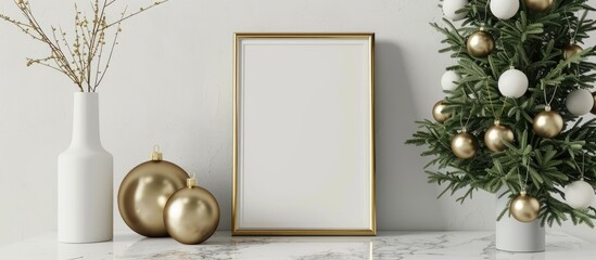 Poster - Festive indoor setting featuring a mockup frame surrounded by Christmas tree branches in a vase and golden ornaments against a white wall and marble table backdrop. Ample copy space image available.