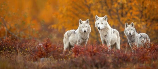 Poster - Arctic Wolves in the fall with a copy space image.