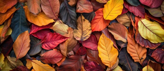 Poster - Autumn concept displayed with a variety of colorful, dry jackfruit tree leaves in a top view flat lay shot, depicting a changed environment with copy space image.