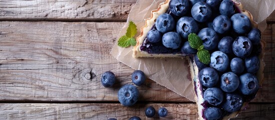 Poster - Blueberry cake on a wooden table with room for text in a flat lay composition. image with copy space