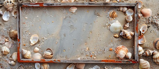 Poster - Copy space image of a picture frame set against a backdrop of shells and sand.