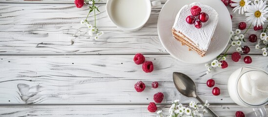 Aufkleber - Breakfast scene with milk, cake on white wood. Healthy food setting. Ideal for text placement with copy space image.