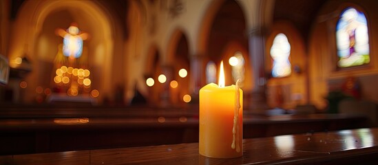 Poster - Atmospheric photograph of a candle in a Catholic church, with blurred flames and space for text, creating a religious ambiance. image with copy space