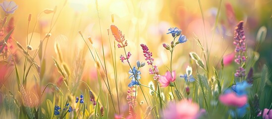 Aufkleber - Capture the close-up of wildflowers in a sunny summer meadow for a nature-themed design project, with a blurry background providing copy space image.