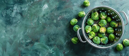 Poster - Brussels sprouts in a colander on a table with copy space image.