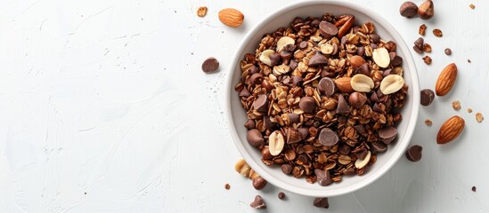 Poster - Bowl with chocolate granola cereal and nuts, set against a white backdrop with copy space image.
