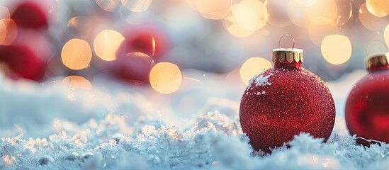 Poster - Close-up of Christmas balls on snow creating a festive background with ample copy space image.