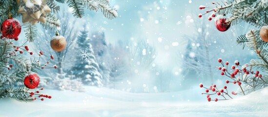 Poster - Celebrate the festive season with a charming winter landscape complete with snow and beautiful decorations against a copy space image.