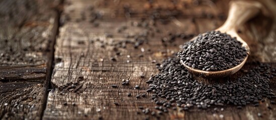 Poster - Close-up shot of a spoonful of black sesame seeds on a wooden table, with ample copy space image.