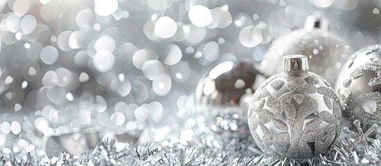 Poster - Festive decorations like balls and snowflakes set against a sparkling silver background creating a Christmas-themed copy space image.